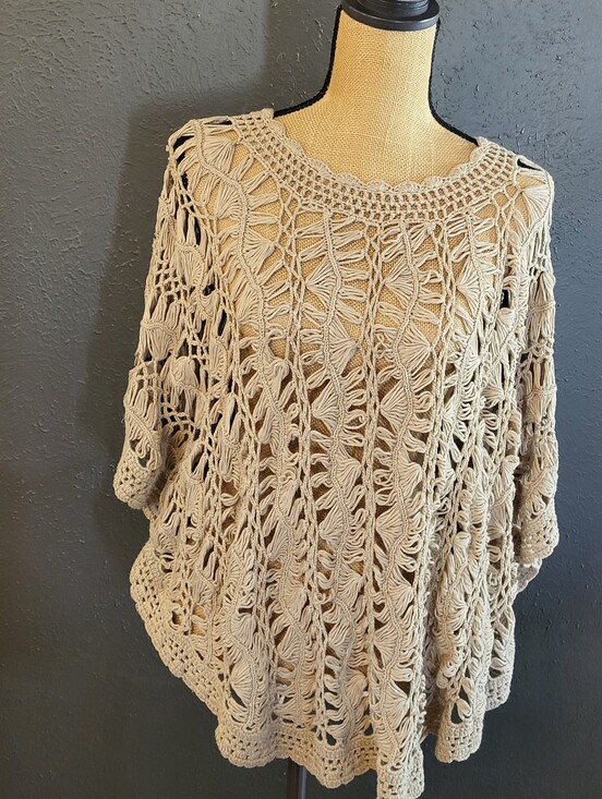 Chico's Tops - Chico's Tan Open Weave Poncho Cotton-blend S/M